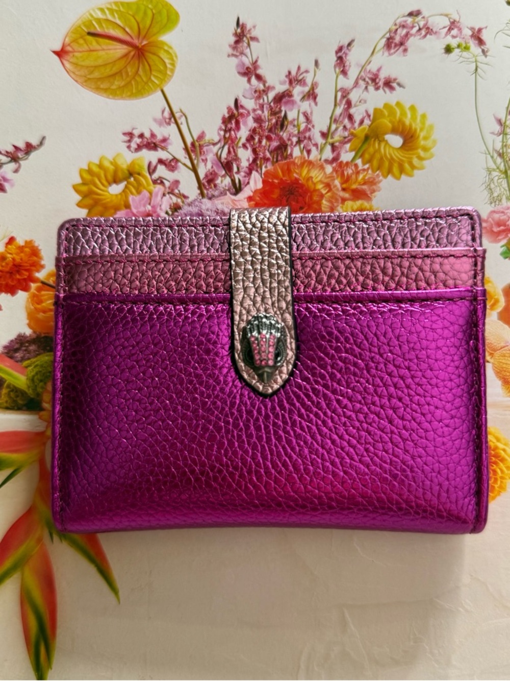 Kurt Geiger Metallic Fuchsia Leather Card Wallet with Gold Strap